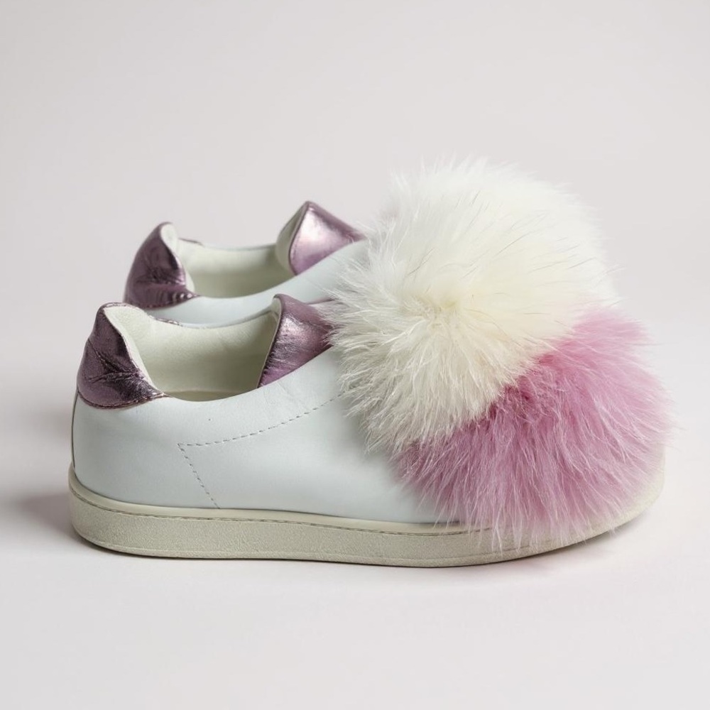 Joshua’s Heart in NYC White and Purple Pom Pom Leather Trainers | 35